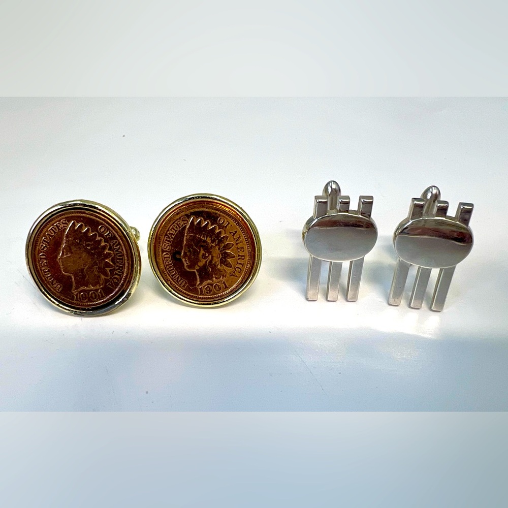 2 Sets Of Vintage Cufflinks, Silver Swank And 1901 Indian Head Penny Links